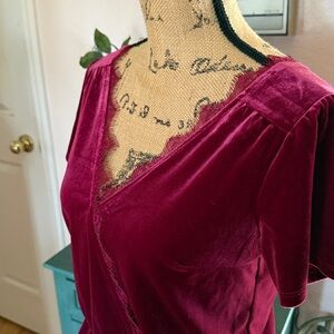 Abercrombie & Fitch Women Wine Velvet Frayed V-Neck Top Blouse Size S
